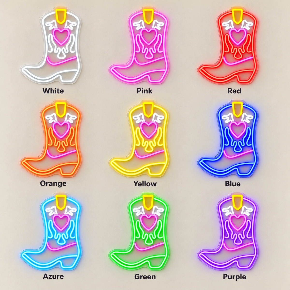 Winged Heart Cowboy Boot LED Neon Sign - nine-color grid