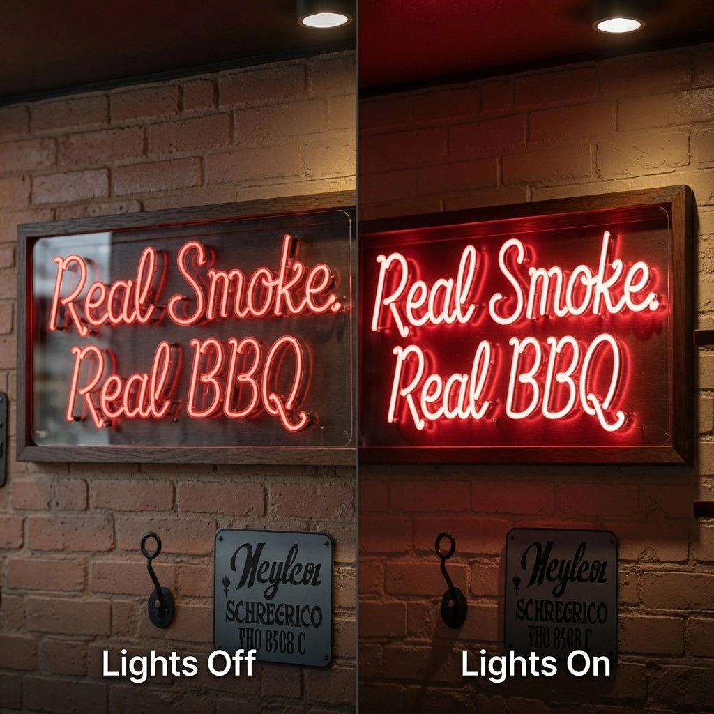 Real Smoke Real Bbq LED Neon Sign - 06 Day Night Comparison