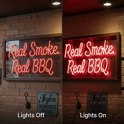 Real Smoke Real Bbq LED Neon Sign - 06 Day Night Comparison