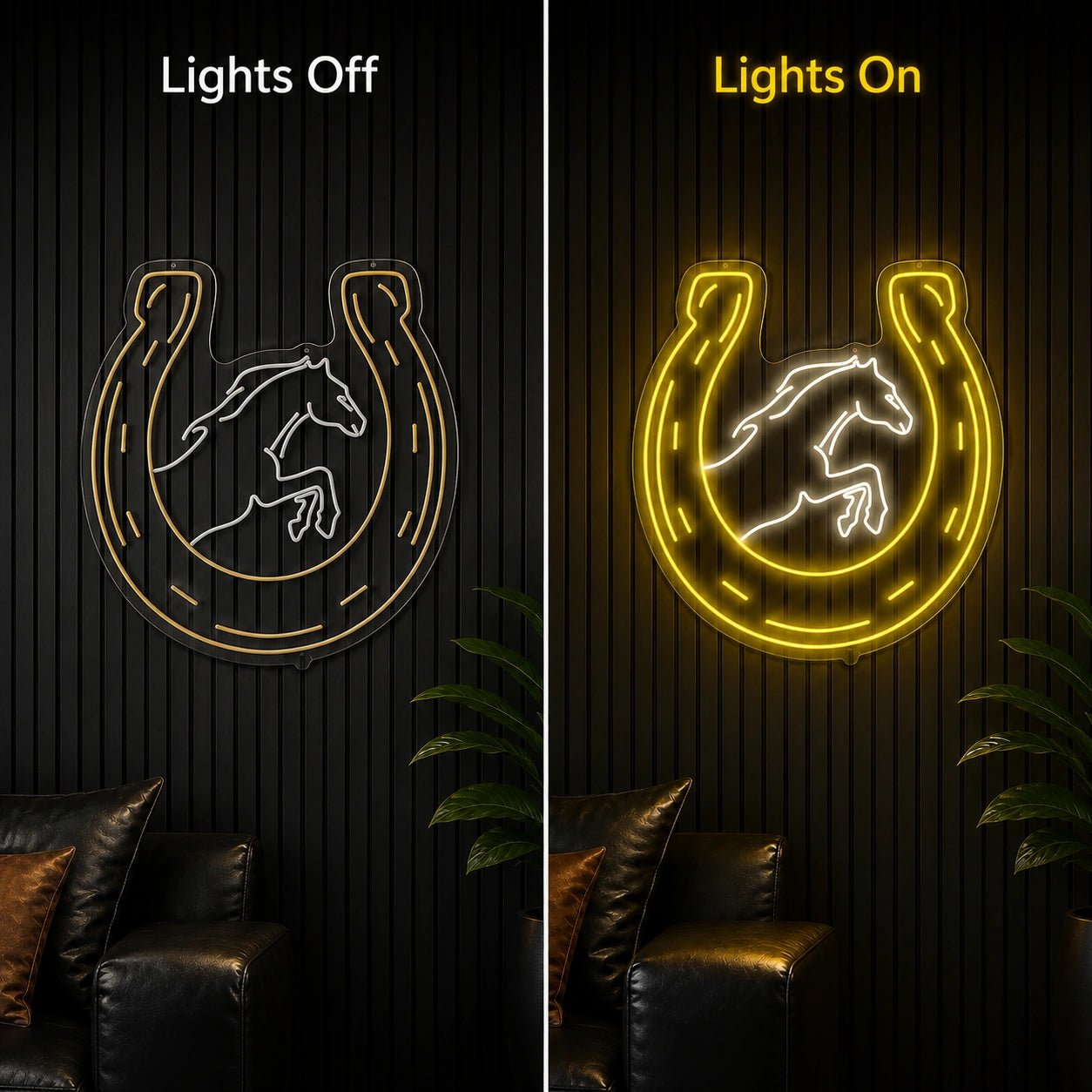Rearing Horse In Horseshoe LED Neon Sign day and night comparison