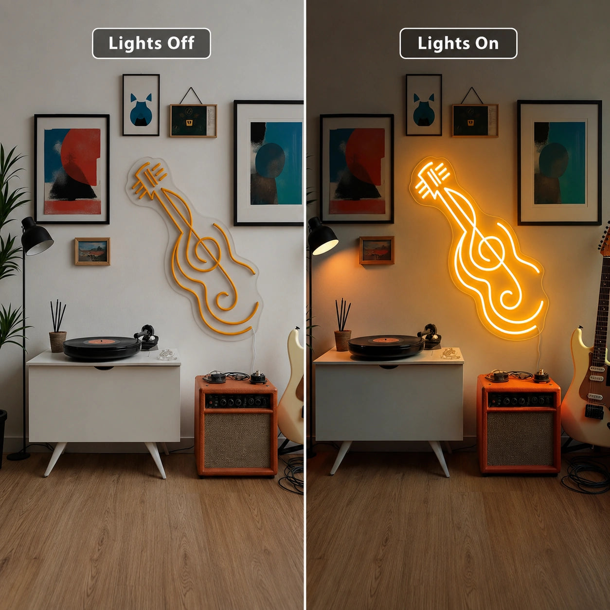 Record Player Guitar Neon Sign LED Neon Sign day and night comparison