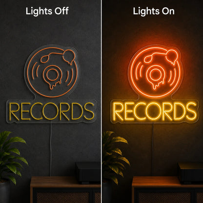 Records Dripping Vinyl LED Neon Sign day and night comparison