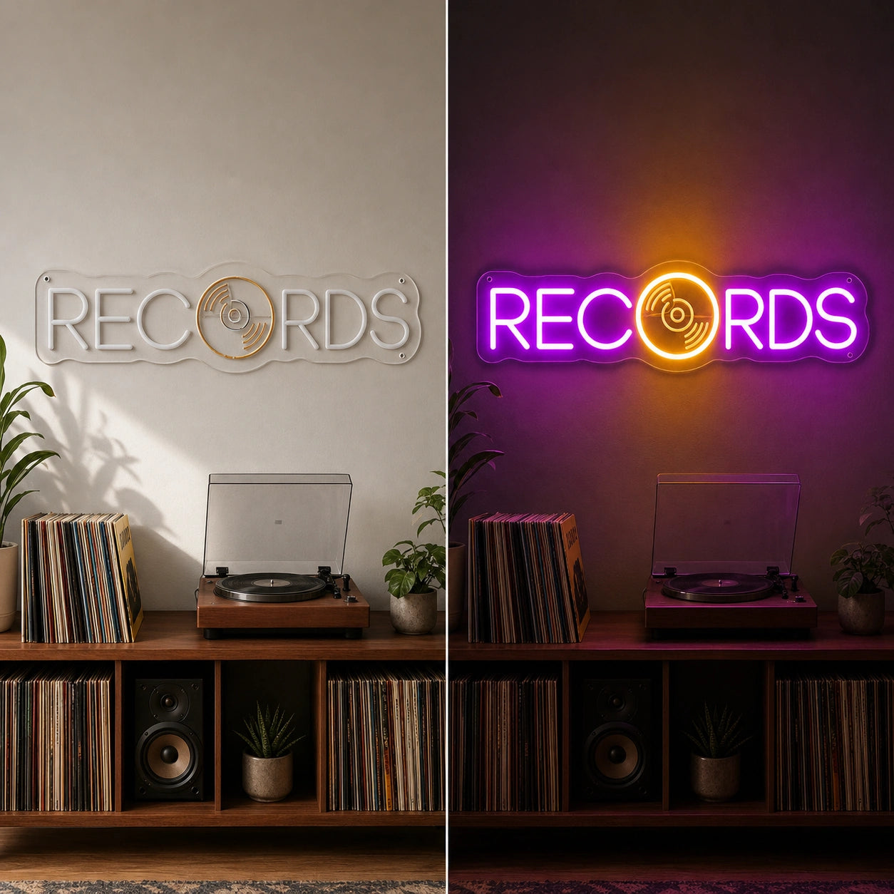 Records LED Neon Sign Garage Man Cave Neon Sign day and night comparison