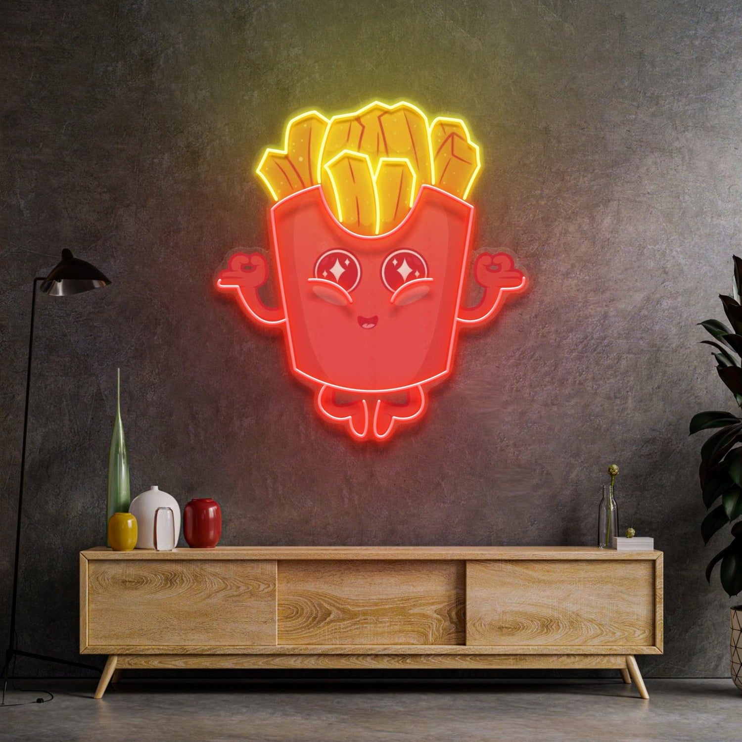Red And Yellow Cartoon French Fries Uv Printed Led Neon Sign For Home Decor | Shineneon