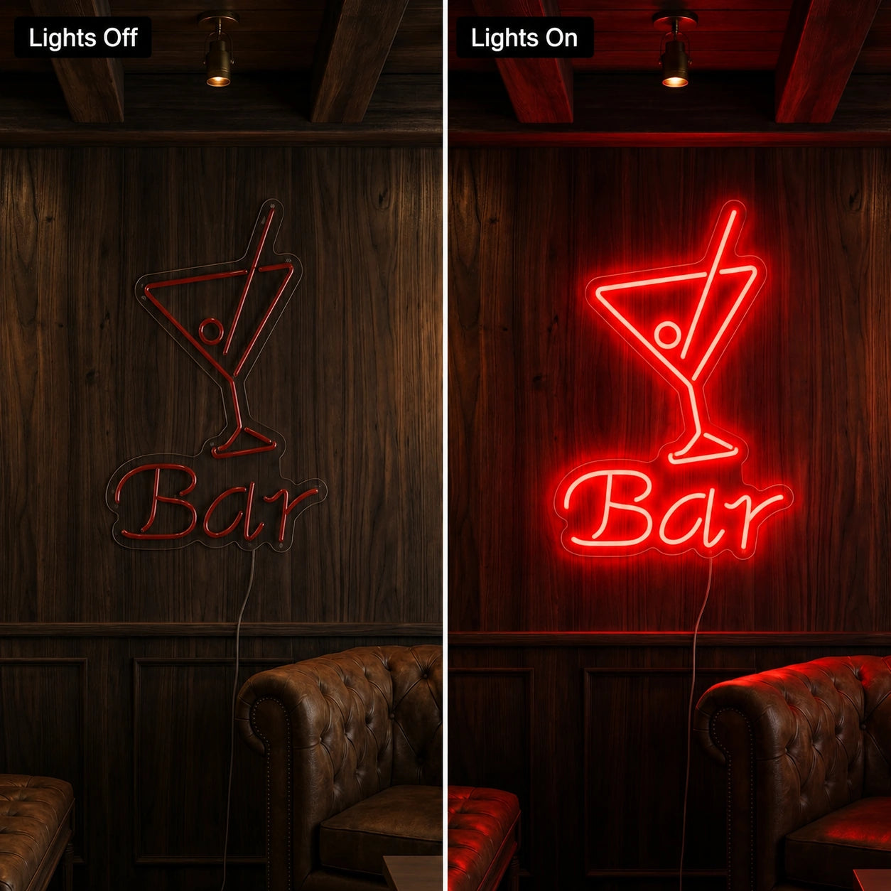 Red Bar Martini Neon Sign LED Neon Sign day and night comparison