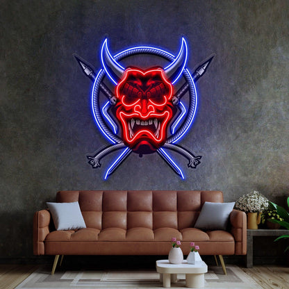 Red-Blue Oni Mask Samurai Weapons Uv Printed Led Neon Sign Indoor Wall Decor | Shineneon