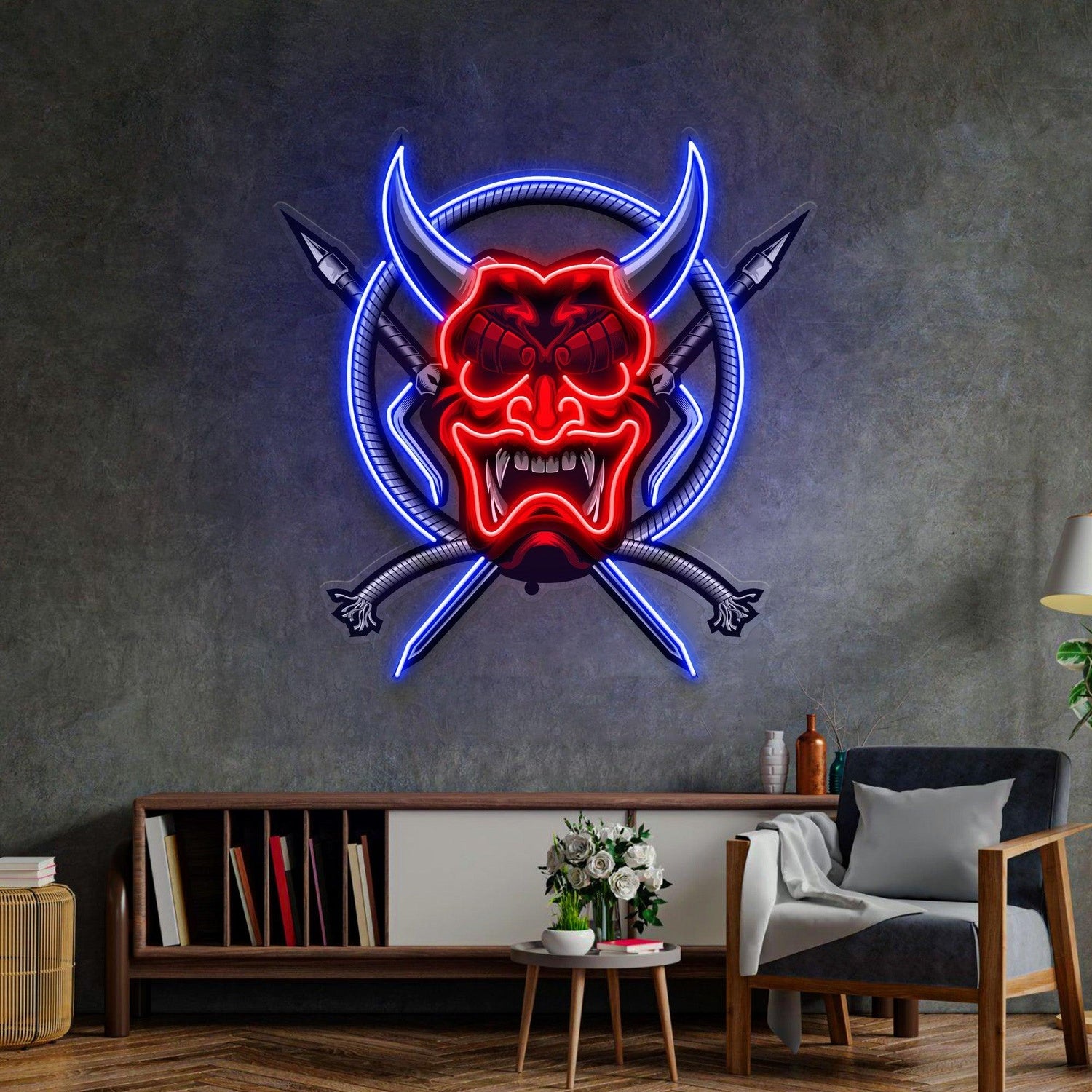 Red-Blue Oni Mask Samurai Weapons Uv Printed Led Neon Sign Indoor Wall Decor | Shineneon