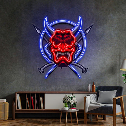 Red-Blue Oni Mask Samurai Weapons Uv Printed Led Neon Sign Indoor Wall Decor | Shineneon
