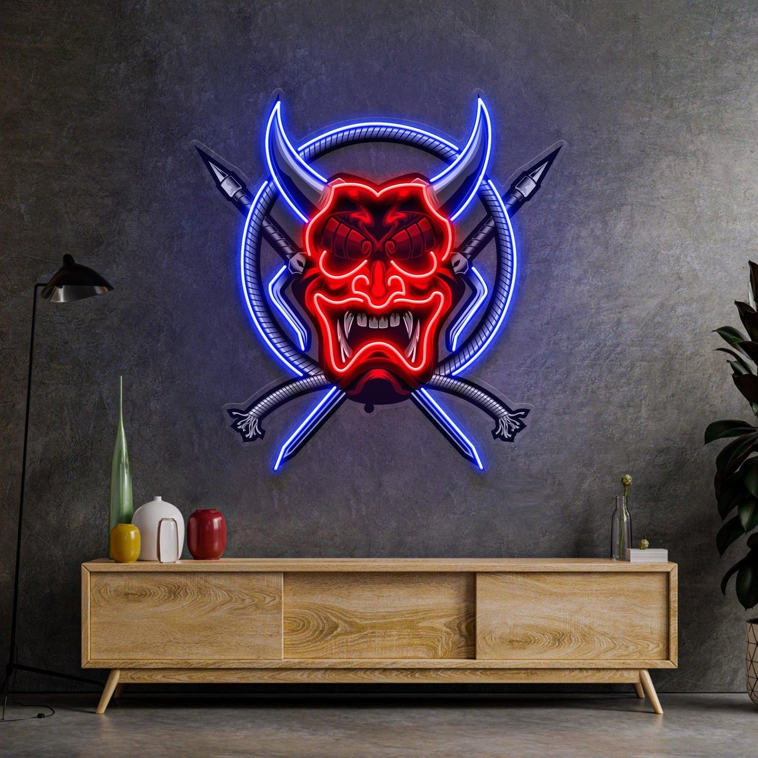 Red-Blue Oni Mask Samurai Weapons Uv Printed Led Neon Sign Indoor Wall Decor | Shineneon