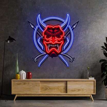 Red-Blue Oni Mask Samurai Weapons Uv Printed Led Neon Sign Indoor Wall Decor | Shineneon