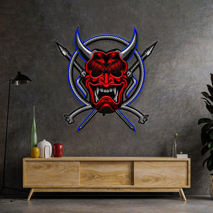 Red-Blue Oni Mask Samurai Weapons Uv Printed Led Neon Sign Indoor Wall Decor | Shineneon