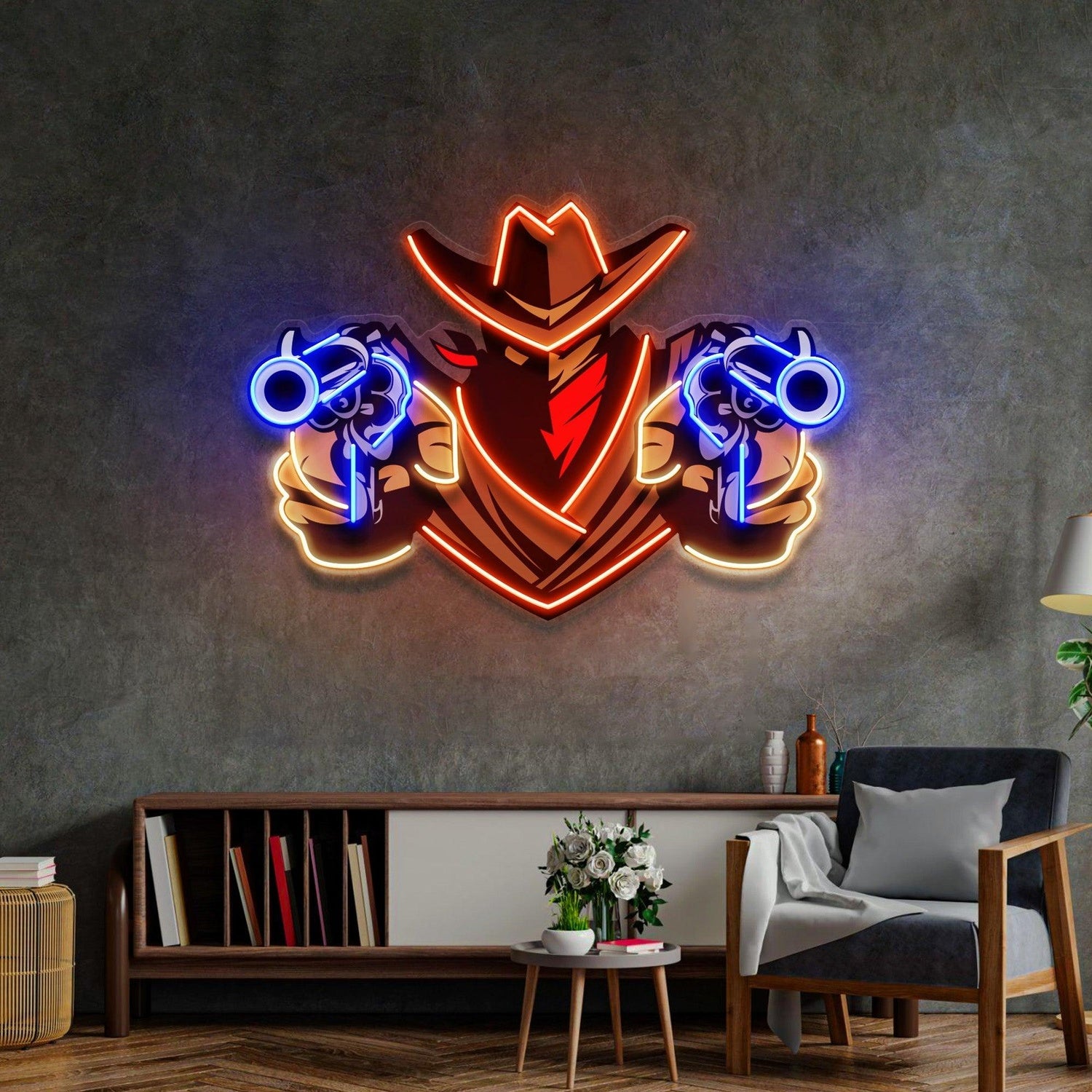 Red Blue Orange Western Cowboy Aiming Guns Uv Printed Led Neon Sign Artwork | Shineneon