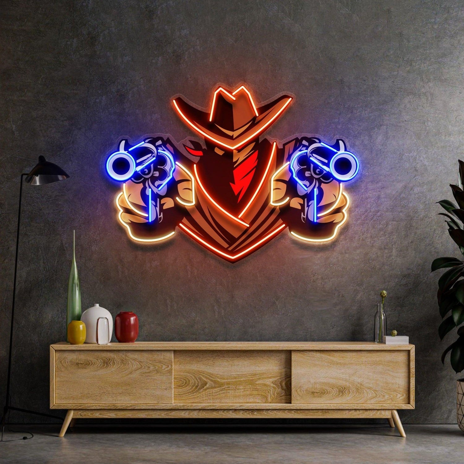 Red Blue Orange Western Cowboy Aiming Guns Uv Printed Led Neon Sign Artwork | Shineneon
