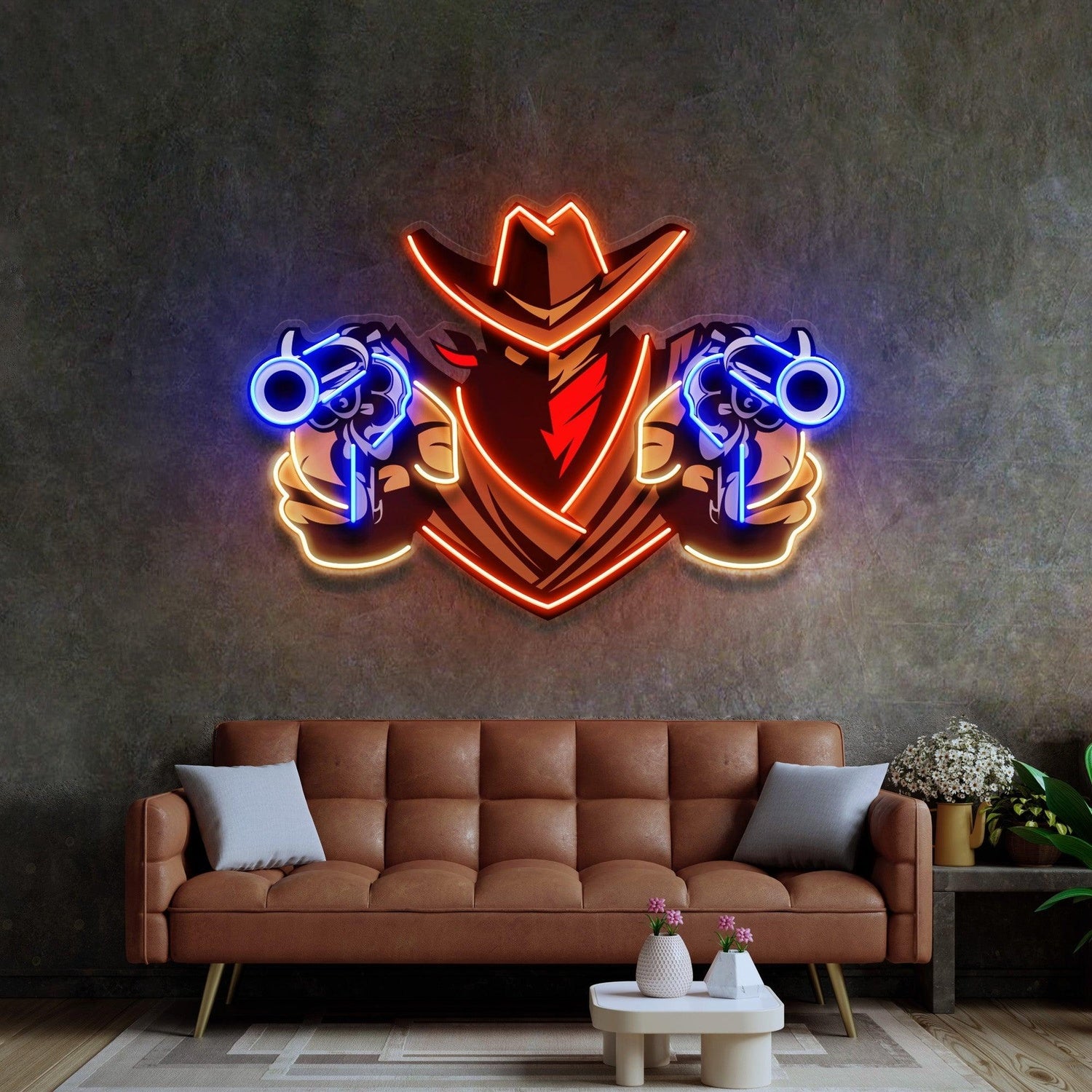 Red Blue Orange Western Cowboy Aiming Guns Uv Printed Led Neon Sign Artwork | Shineneon