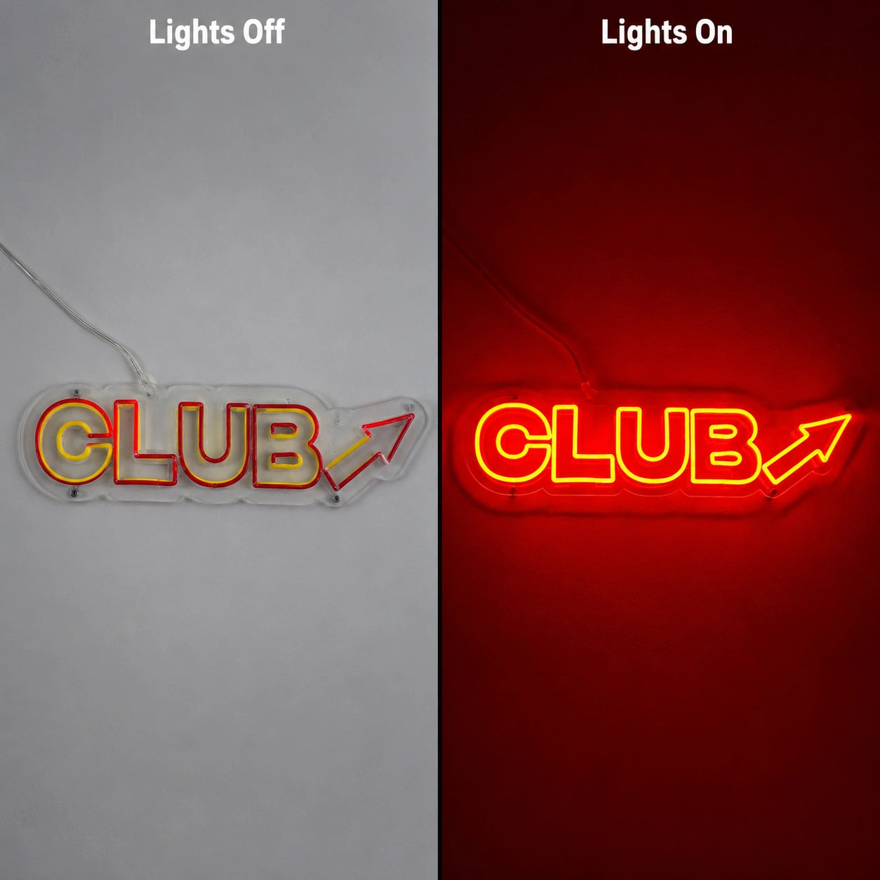 Red Club Arrow Neon Sign LED Neon Sign day and night comparison