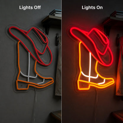 Red Cowgirl Boot Neon Sign LED Neon Sign day and night comparison