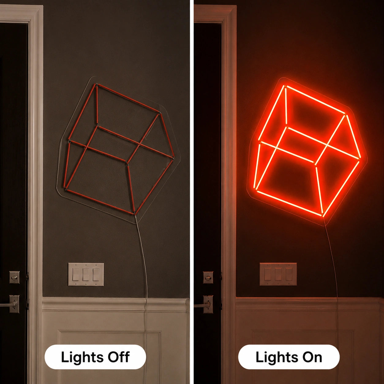 Red Cube Neon Sign LED Neon Sign day and night comparison