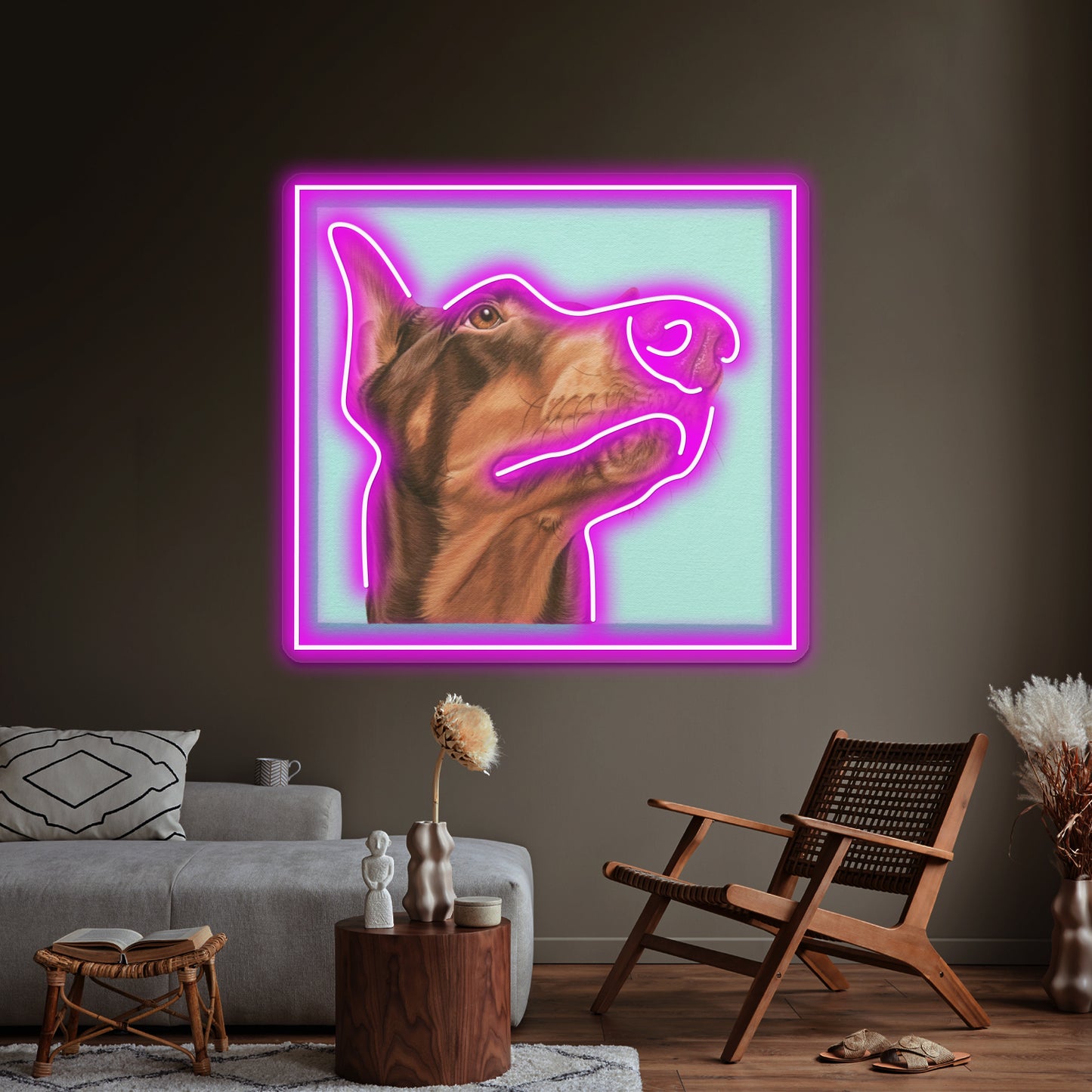 Red Doberman Dobie Dog Portrait Artwork Led Signs For Room