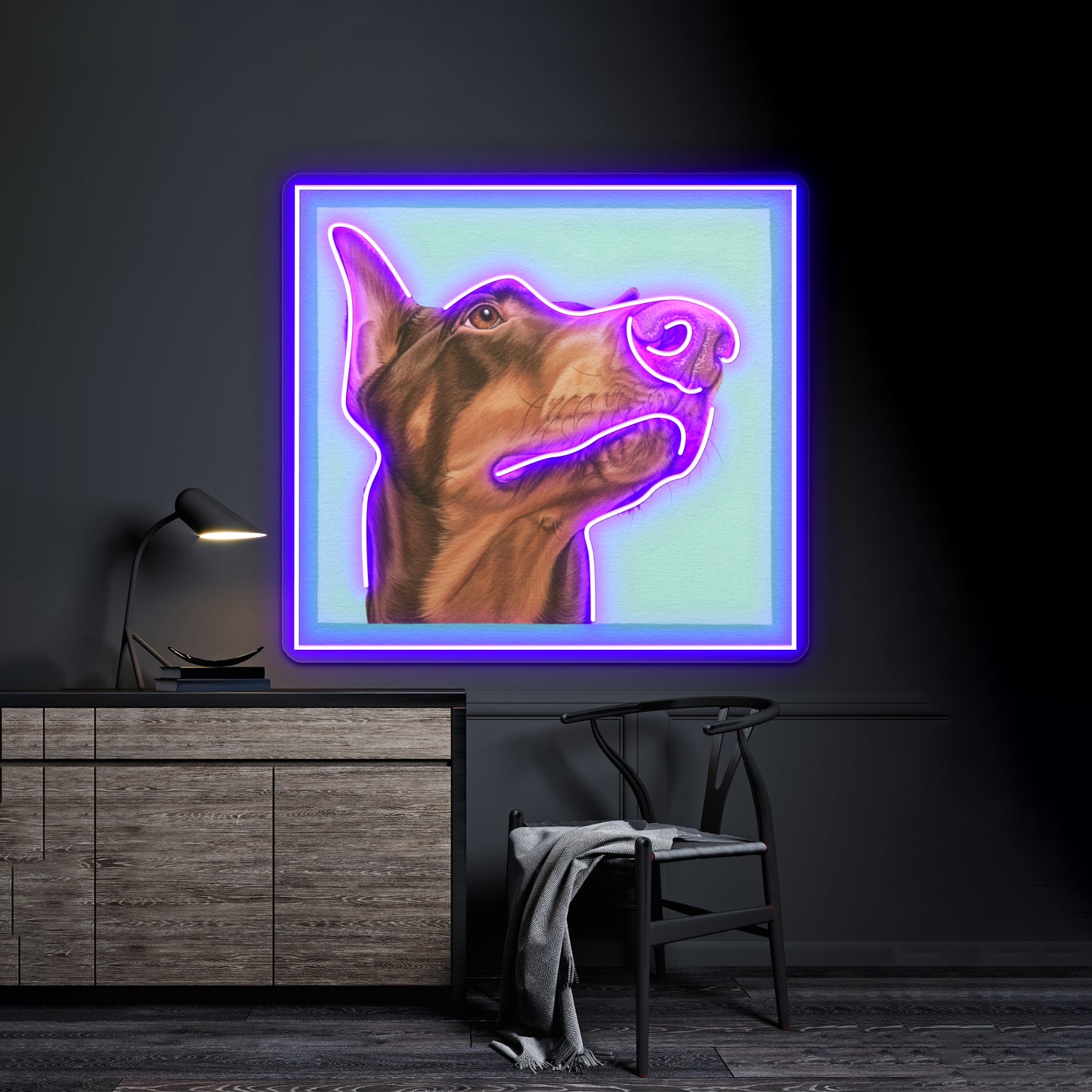 Red Doberman Dobie Dog Portrait Artwork Led Signs For Room