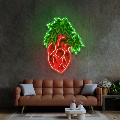 Red-Green Heart Marijuana Leaf Uv Printed Led Neon Sign Home Art Decor | Shineneon