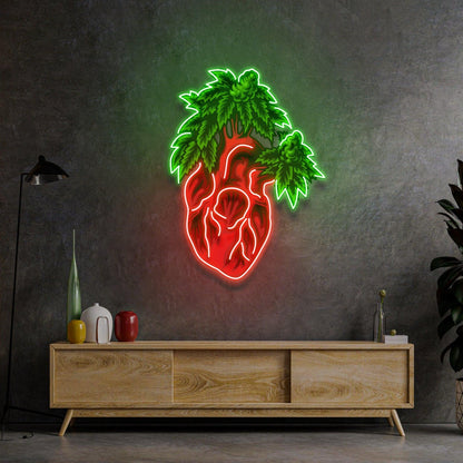 Red-Green Heart Marijuana Leaf Uv Printed Led Neon Sign Home Art Decor | Shineneon
