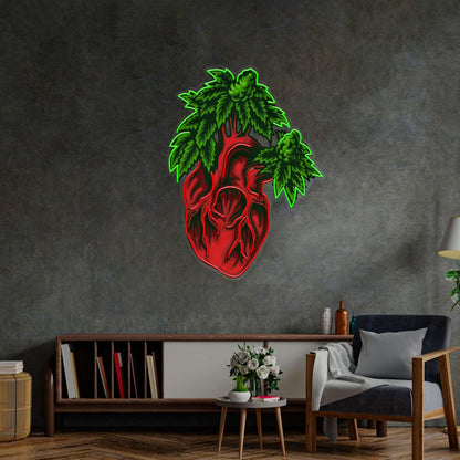 Red-Green Heart Marijuana Leaf Uv Printed Led Neon Sign Home Art Decor | Shineneon