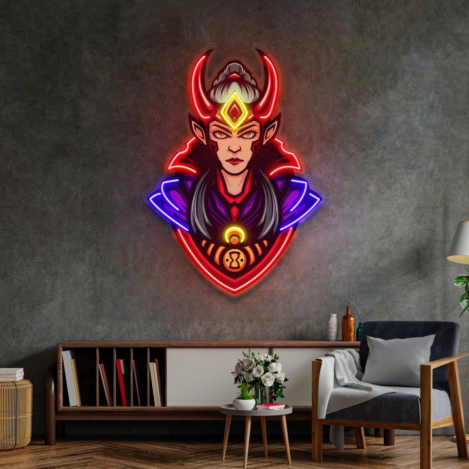 Red Horned Lady Assassins Multicolor Fantasy Uv Printed Led Neon Sign For Home Decor | Shineneon