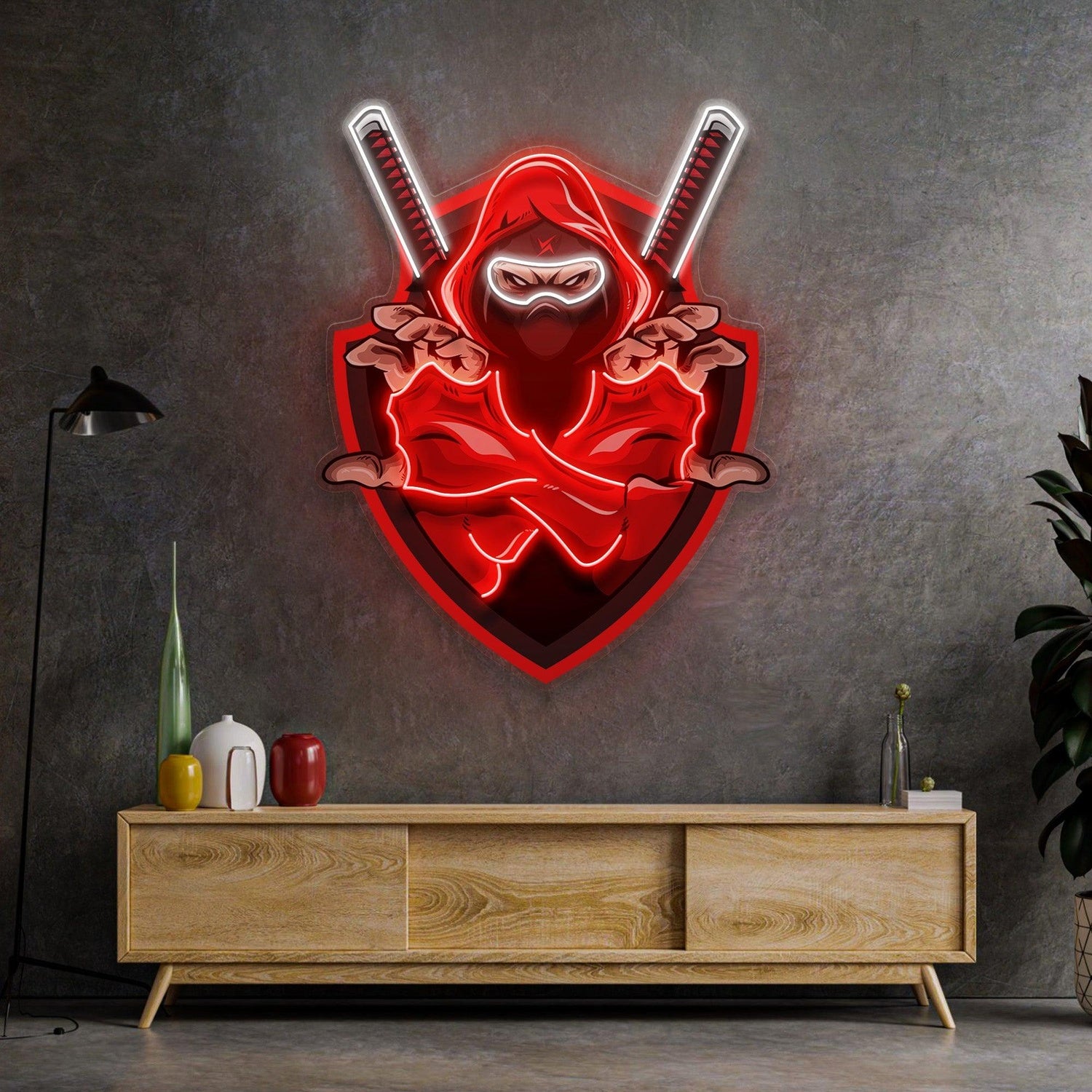 Red Ninja Anime-Style Uv Printed Led Neon Sign With Crossed Swords For Gaming Room | Shineneon