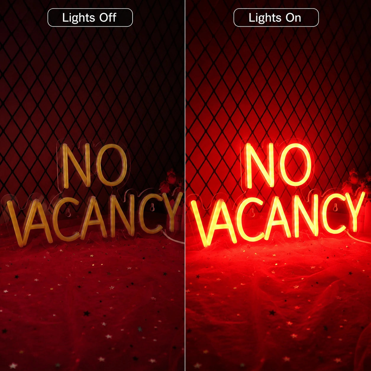 Red No Vacancy Neon Sign LED Neon Sign day and night comparison