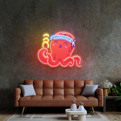 Red Octopus With Blue-White Bandana Uv Printed Led Neon Sign For Home Decor | Shineneon