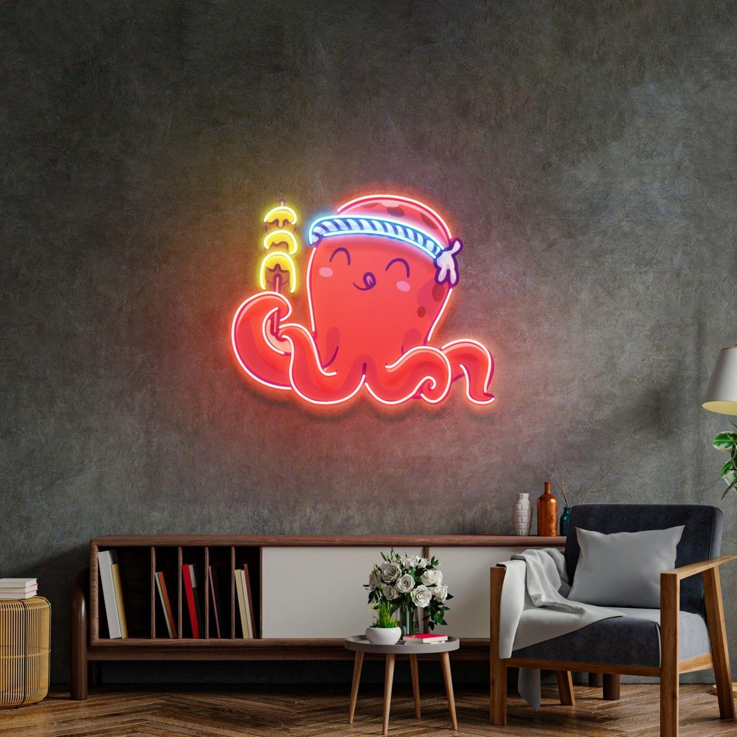 Red Octopus With Blue-White Bandana Uv Printed Led Neon Sign For Home Decor | Shineneon