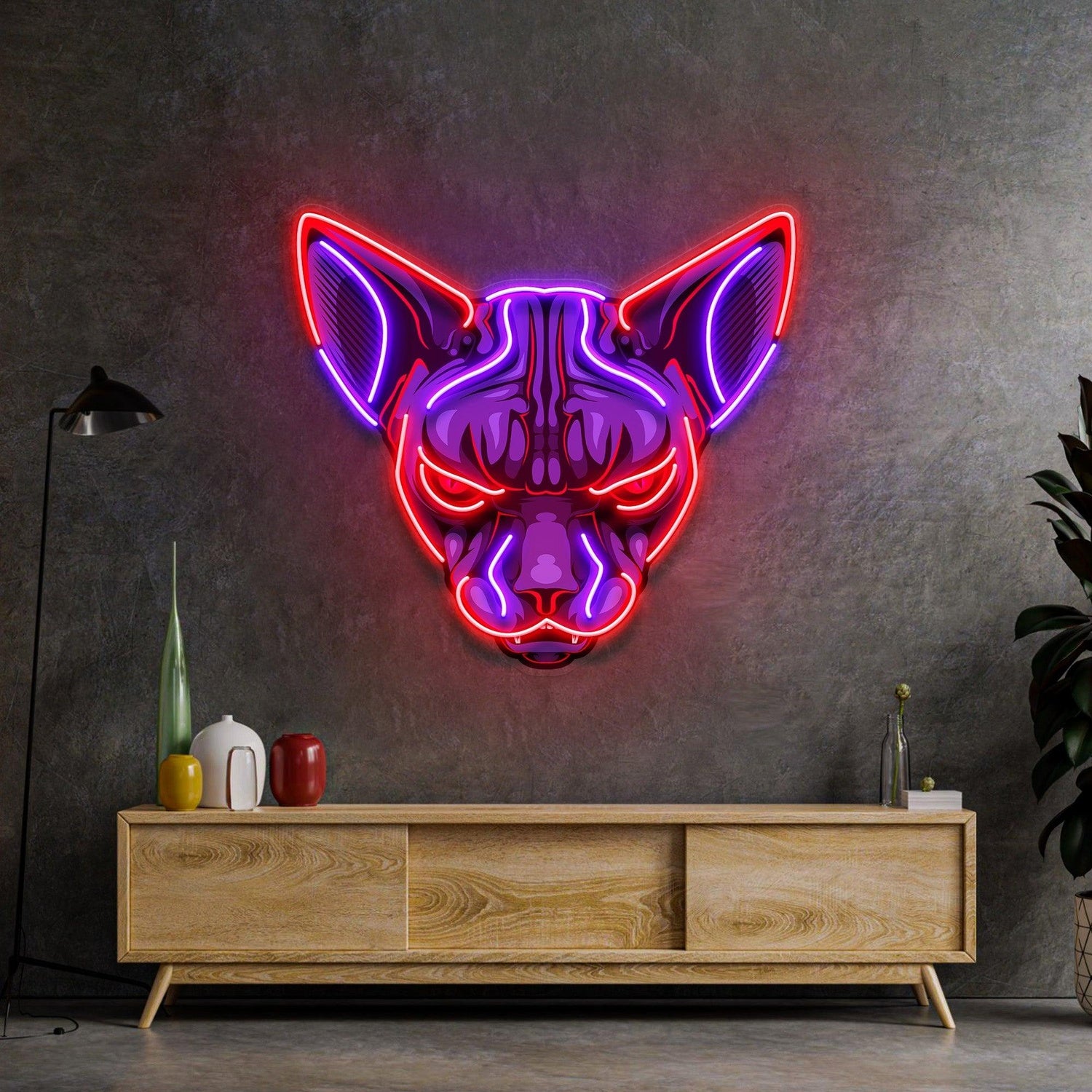Red-Purple Sphynx Cat Head Design Uv Printed Led Neon Sign Indoor Wall Decor | Shineneon