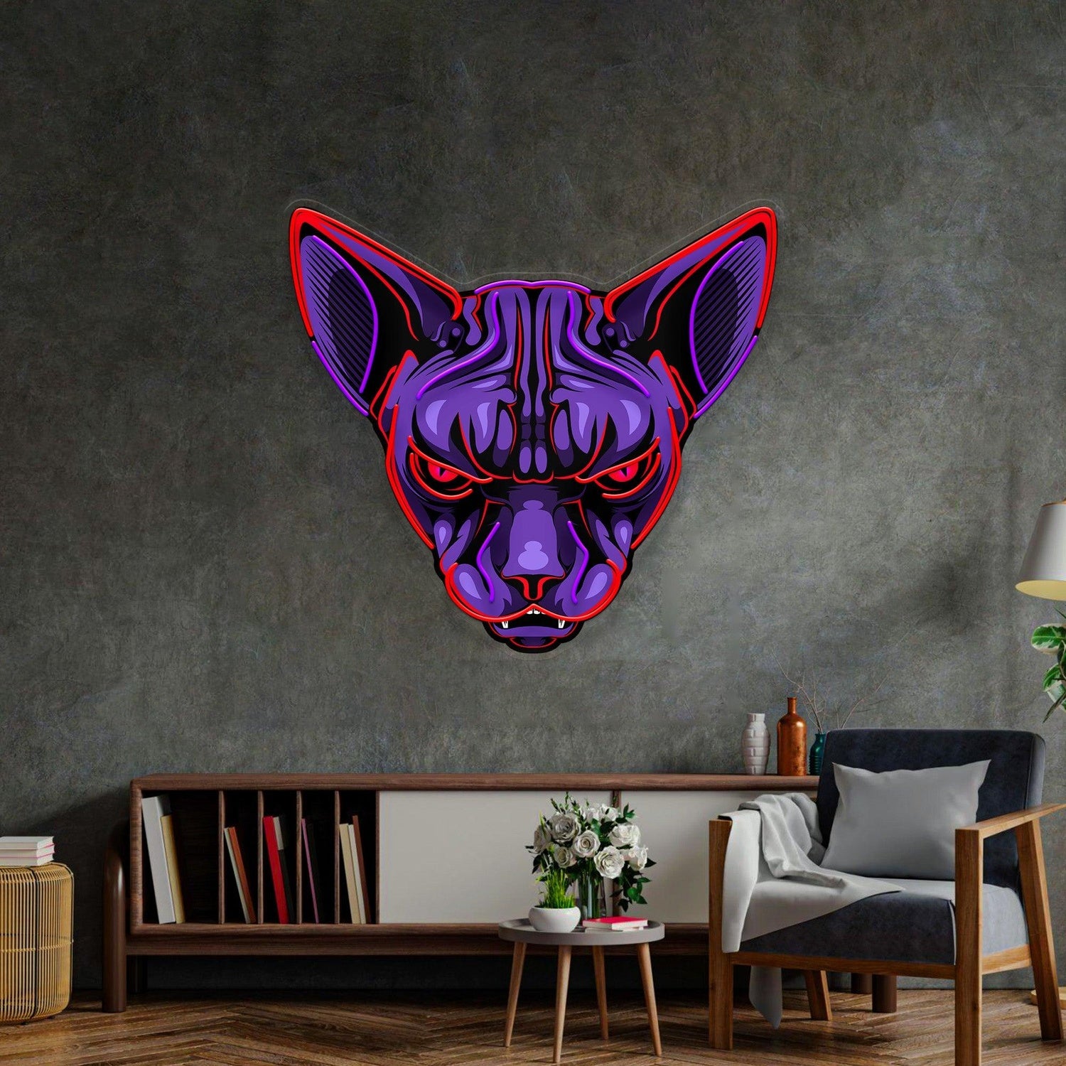 Red-Purple Sphynx Cat Head Design Uv Printed Led Neon Sign Indoor Wall Decor | Shineneon