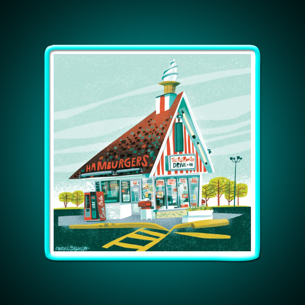 Red Rooster Drive In Fast Food Led Neon Sign For Burger Place Rgb Color