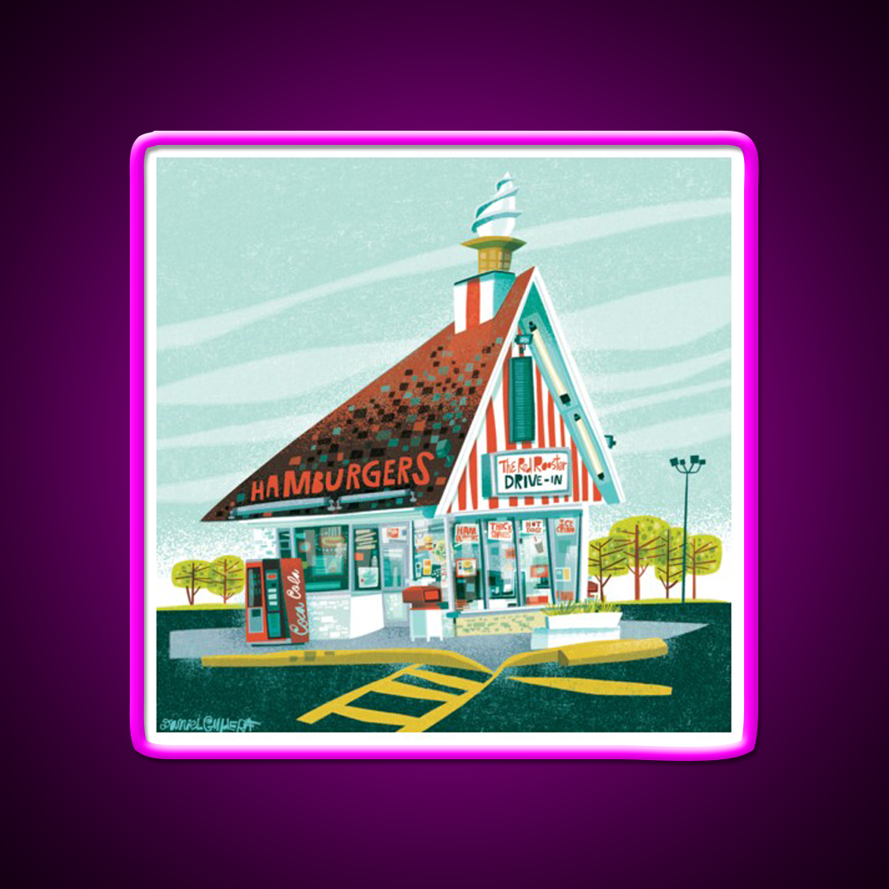 Red Rooster Drive In Fast Food Led Neon Sign For Burger Place Rgb Color