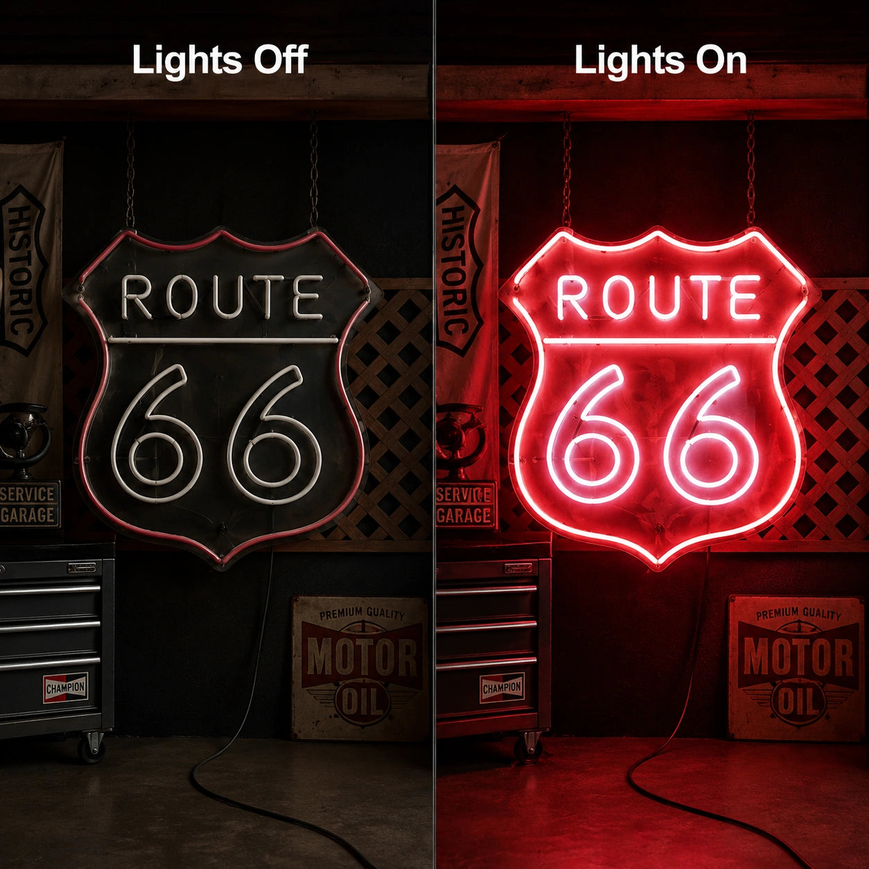 Red Route 66 Shield Neon Sign LED Neon Sign day and night comparison