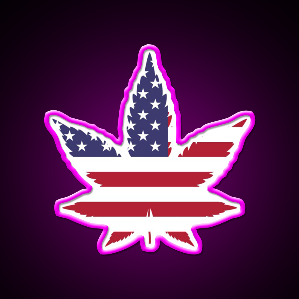 Red White And Blue Leaf Hemp Inspired Green Leaf Led Neon Sign Rgb Color - Neon sign mounted on wall in room