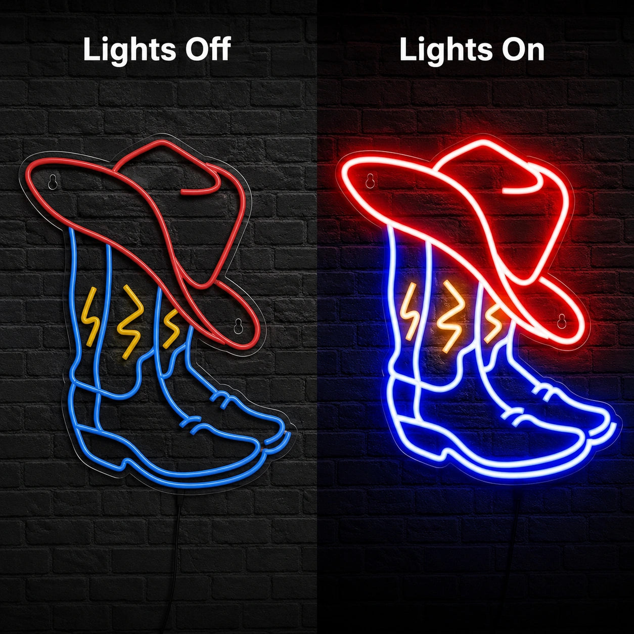 Red White Blue Cowboy Boot Neon Sign LED Neon Sign day and night comparison