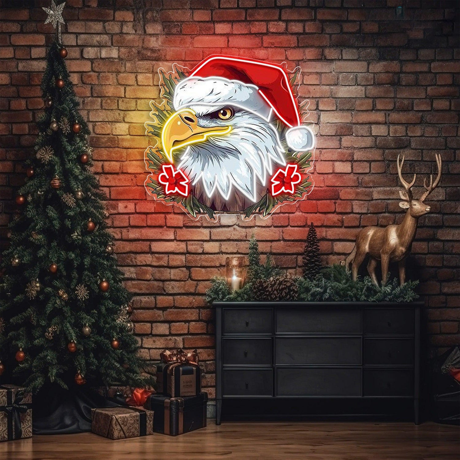 Red White Green Eagle Santa Hat Uv Printed Led Neon Sign Artwork For Holiday Xmas Decor | Shineneon
