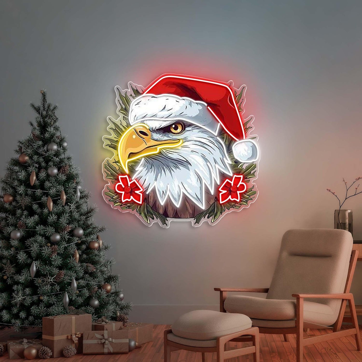 Red White Green Eagle Santa Hat Uv Printed Led Neon Sign Artwork For Holiday Xmas Decor | Shineneon