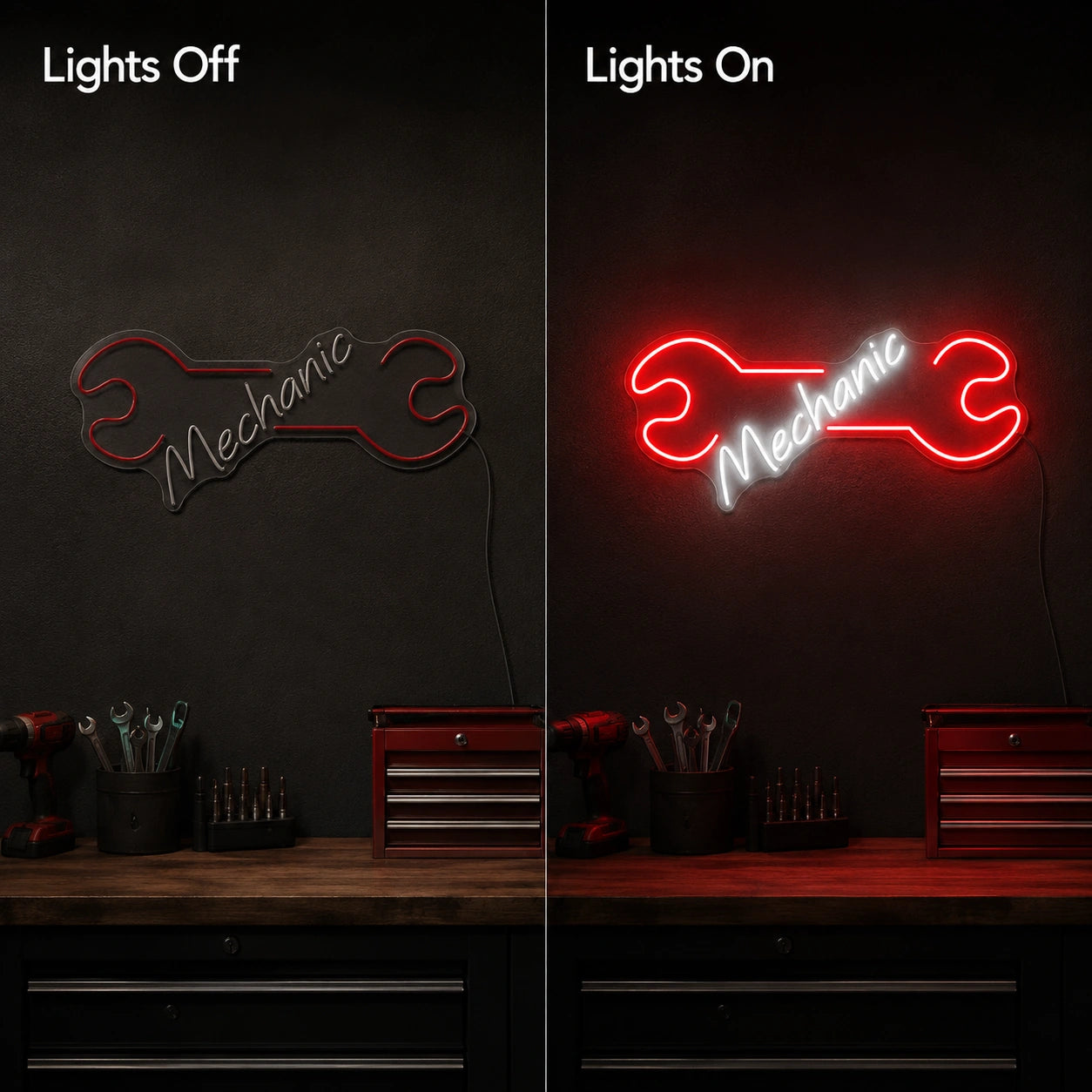 Red Wrench Workshop Neon Sign LED Neon Sign day and night comparison