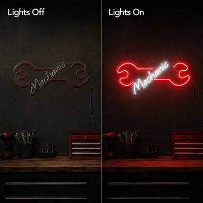 Red Wrench Workshop Neon Sign LED Neon Sign day and night comparison