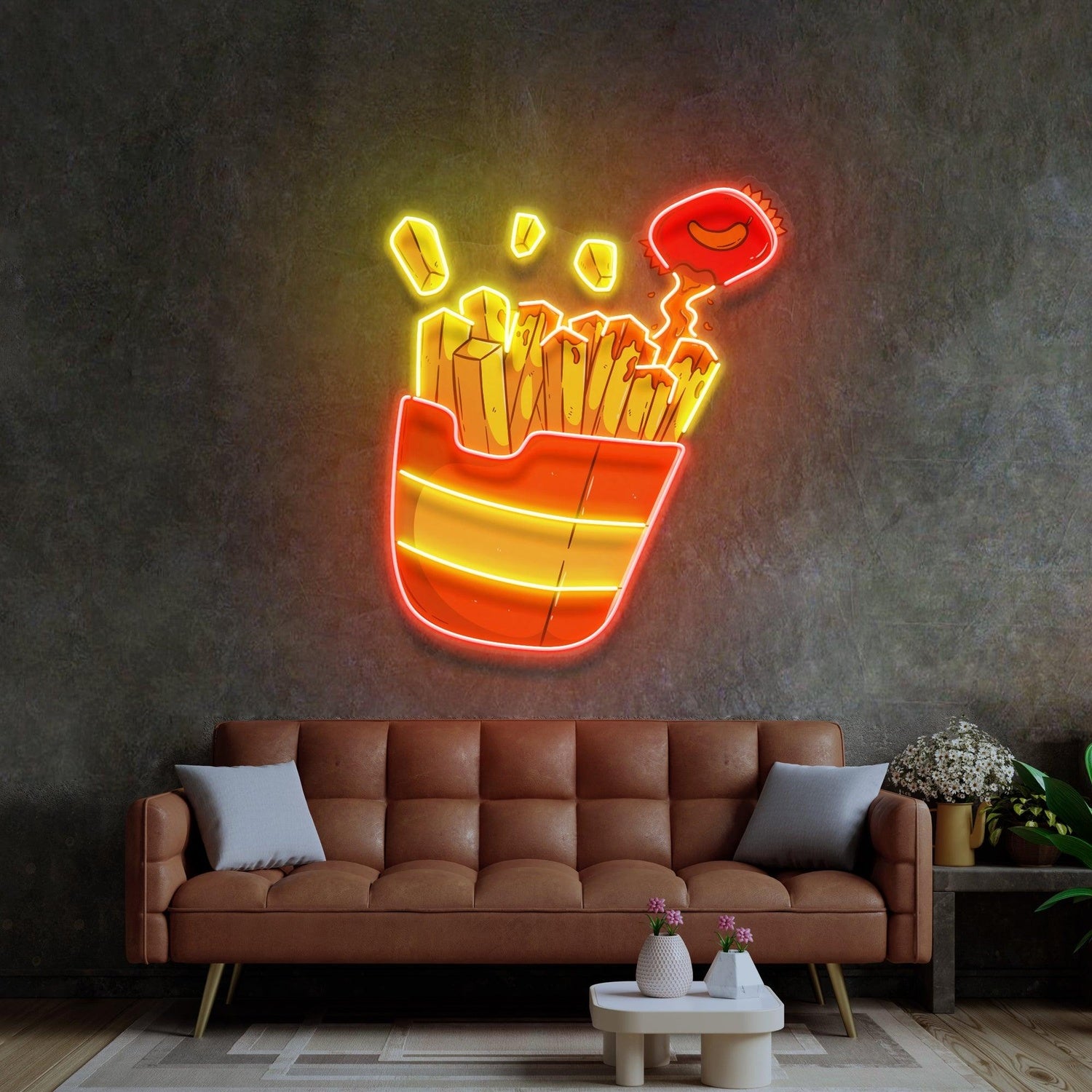 Red-Yellow French Fries Cartoon Uv Printed Led Neon Sign For Home Restaurant Decor | Shineneon