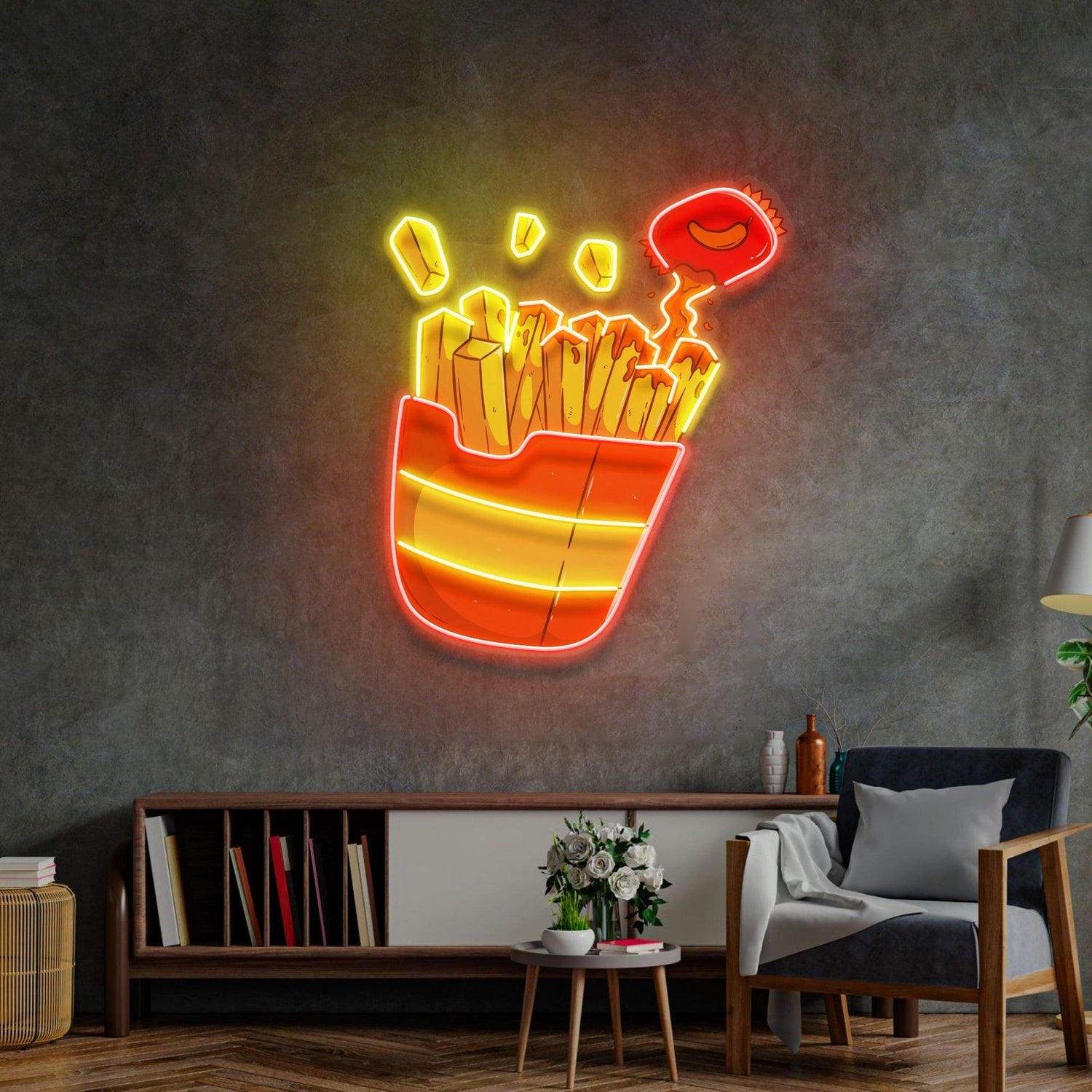 Red-Yellow French Fries Cartoon Uv Printed Led Neon Sign For Home Restaurant Decor | Shineneon