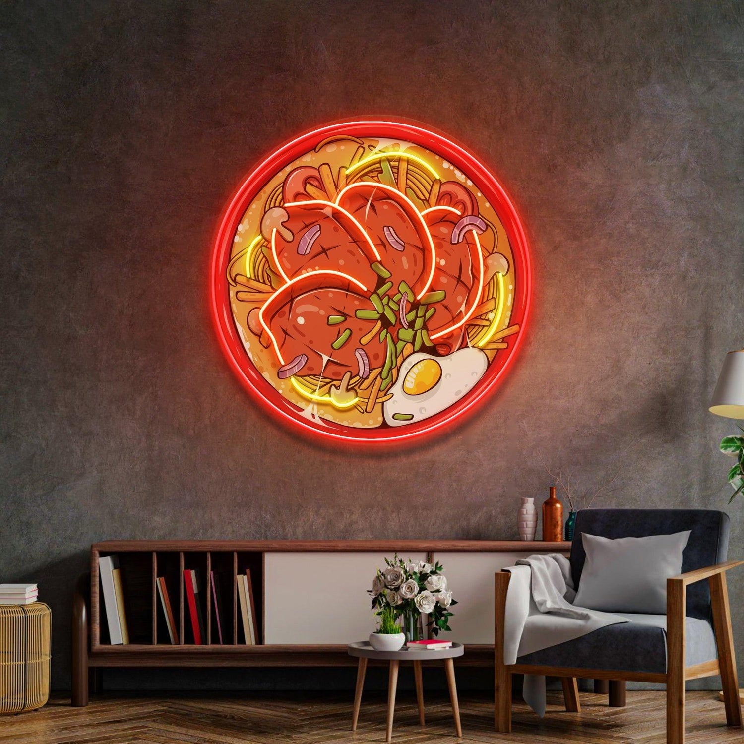 Red-Yellow Noodle Bowl With Beef Egg Uv Printed Led Neon Sign For Restaurant Kitchen Decor | Shineneon