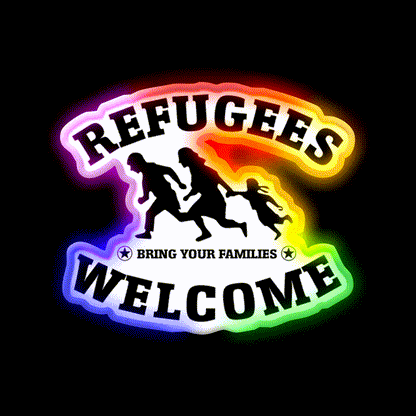 Refugees Welcome Peace Love Fluchtling Welcome Led Neon Sign Open Sign Rgb Color - LED neon sign close-up detail