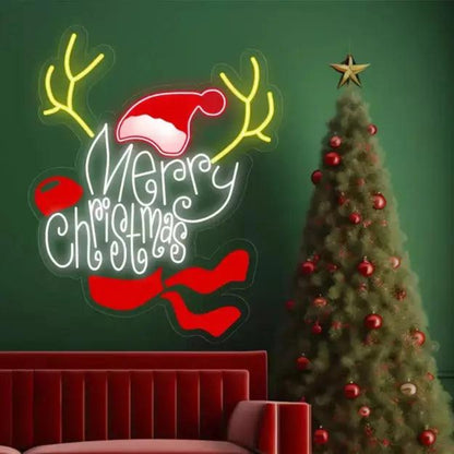 Reindeer Antlers Santa Hat Red-Yellow-White Led Neon Sign For Christmas Decor | Shineneon