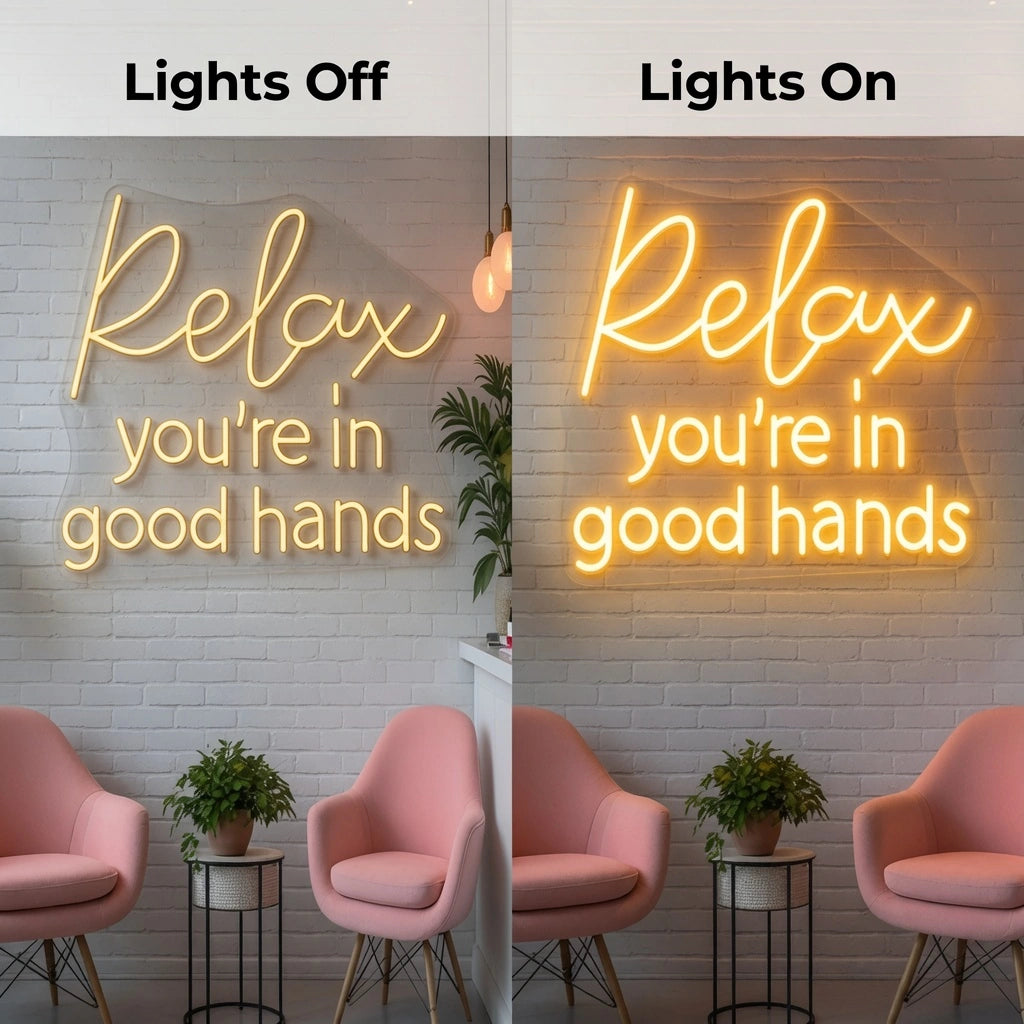 Relax You Re In Good Hands Wall Art LED Neon Sign - 06 Day Night Comparison