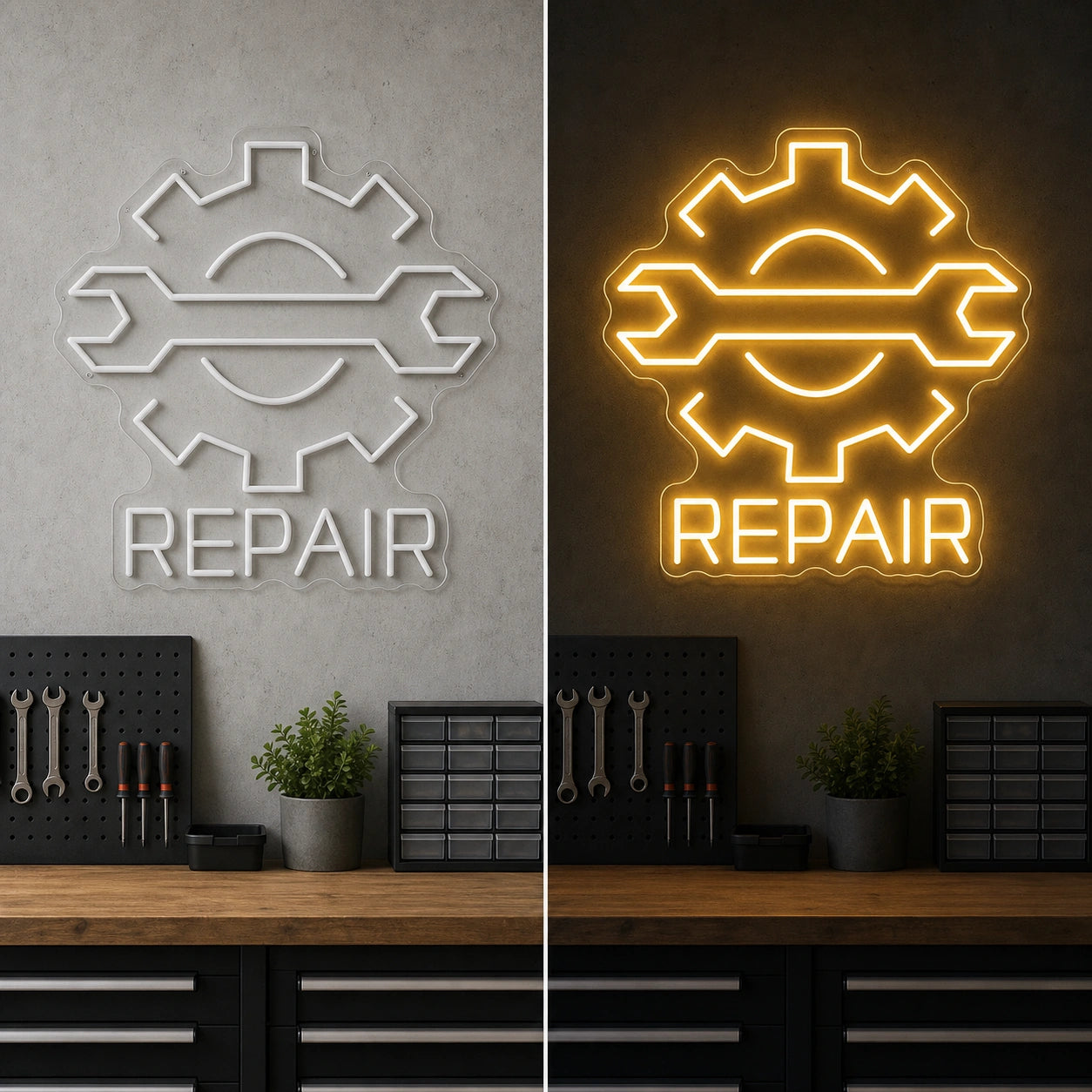 Repair LED Neon Sign Garage Man Cave Neon Sign day and night comparison