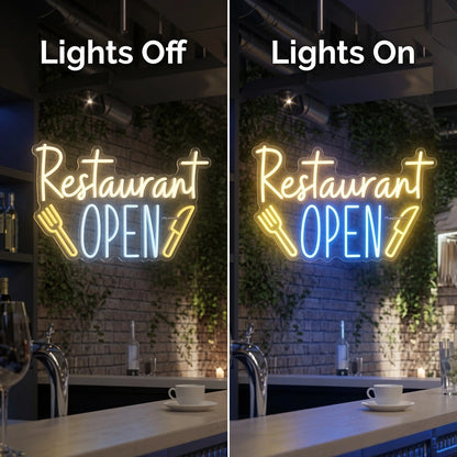 Restaurant Open Wall Decor LED Neon Sign - 06 Day Night Comparison